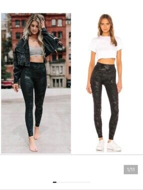 SPANX Faux Leather Black Camo Leggings. Size 1X.